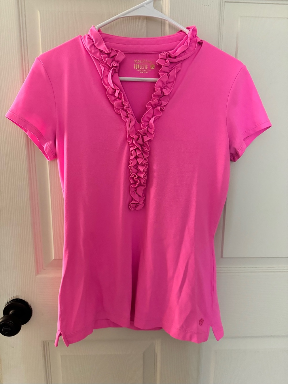 Lilly Pulitzer Hot Pink Ruffle V-Neck Short Sleeve Top